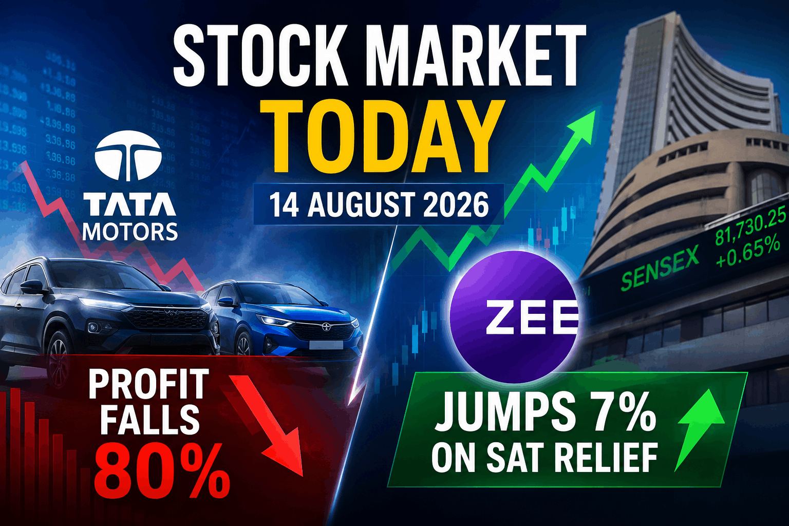 Stock Market Today (14 August 2026): Tata Motors Profit Falls 80%, Zee Jumps 7% on SAT Relief