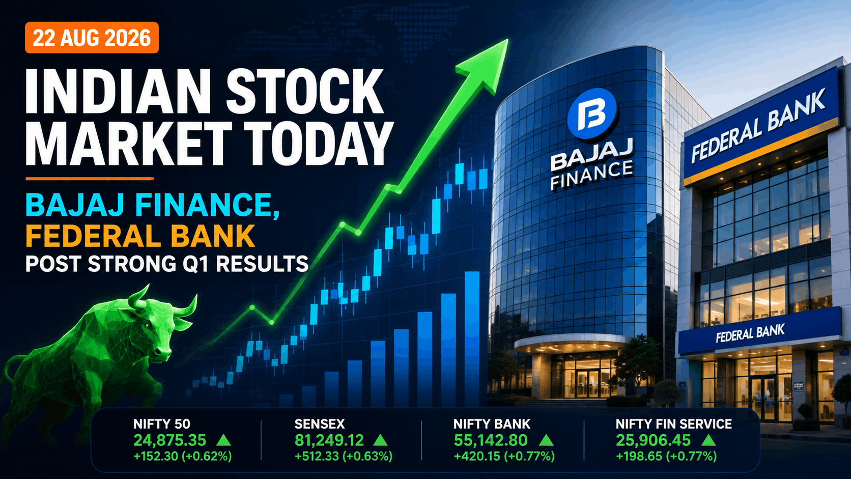 Indian Stock Market Today (22 Aug 2026): Bajaj Finance, Federal Bank Post Strong Q1 Results