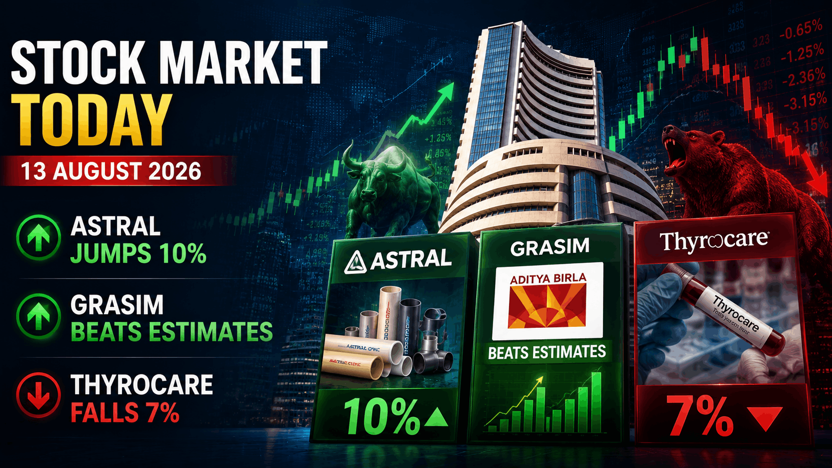 Stock Market Today (13 August 2026): Astral Jumps 10%, Grasim Beats Estimates, Thyrocare Falls 7%