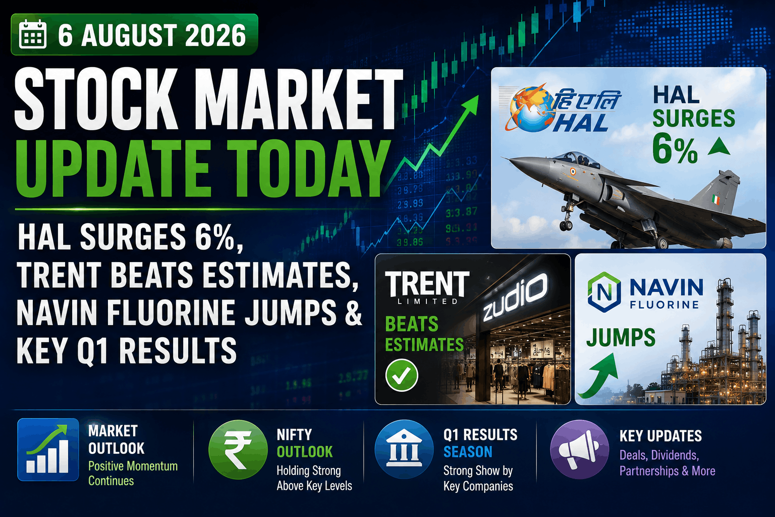 Stock Market Update Today (6 August 2026): HAL Surges 6%, Trent Beats Estimates, Navin Fluorine Jumps & Key Q1 Results