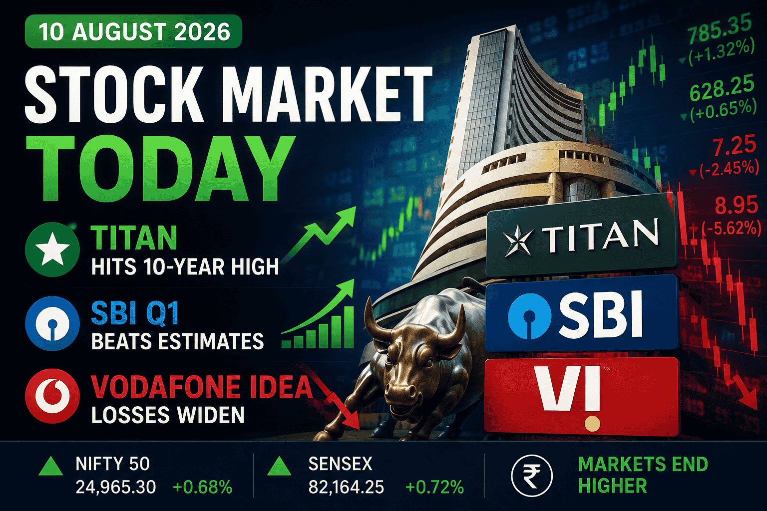 Stock Market Today (10 August 2026): Titan Hits 10-Year High, SBI Q1 Beats, Vodafone Idea Losses Widen